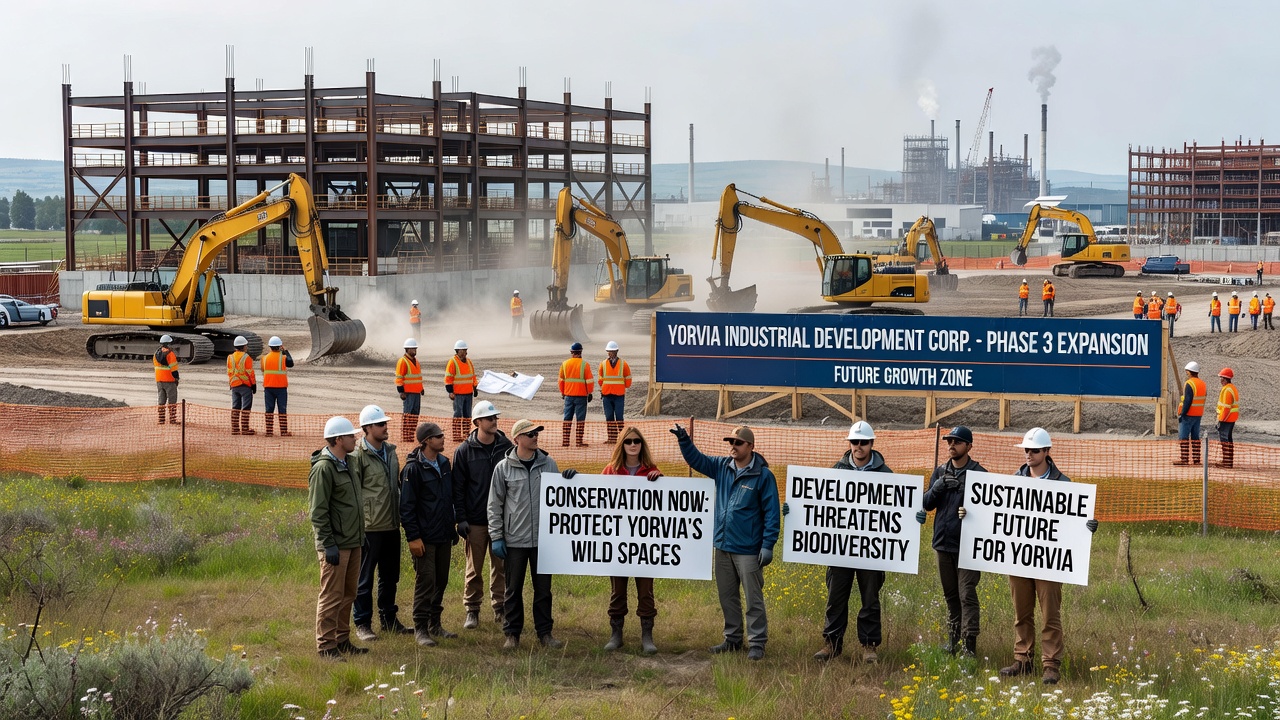 Close-up of protected wetland area bordering Yorvia factory boundary with signage indicating conservation status