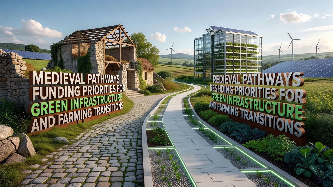 Restored medieval pathway integrated into modern regenerative farming landscape with hedgerows and solar-powered irrigation